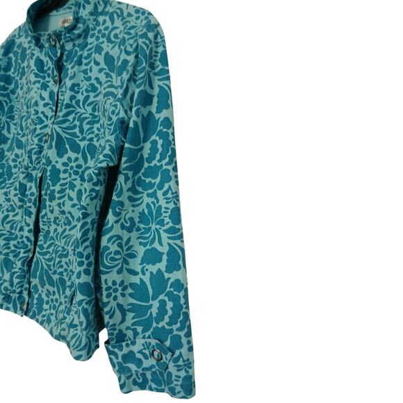 Coldwater Creek Jacket Blue Floral Denim Button Up Teal Blazer 100% Cotton Large - Picture 2 of 7